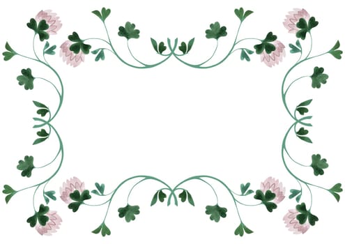 Rectangular frame of wild clover and shamrocks. Decor for graphic design, printing and packaging. Isolated hand-drawn watercolor illustration