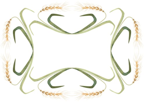 Rectangular frame of field grasses, cereals, ears and leaves. Decor for graphic design, printing and packaging. Isolated hand-drawn watercolor illustration