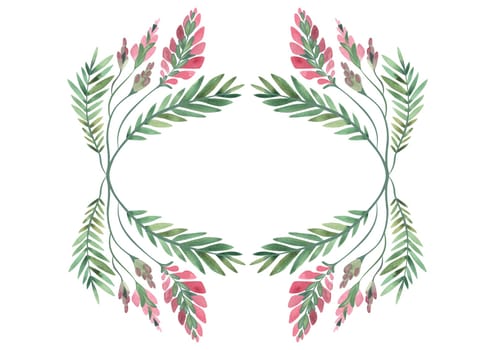 Oval wreath of wild herbs, flowers and leaves. Decor for graphic design, printing and packaging. Isolated hand-drawn watercolor illustration