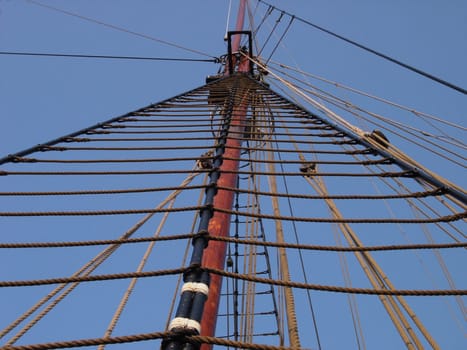 On large sailing ships,the weaving lines (rope ladders for climbing the mast) were attached to the inner shrouds with a weaving rope. Here on the Ryvar,Flensburg