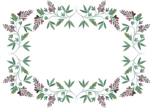 Rectangular frame of wild herbs, flowers and leaves. Decor for graphic design, printing and packaging. Isolated hand-drawn watercolor illustration