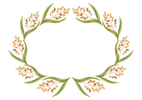Oval wreath of wild grasses, cereals, ears and leaves. Decor for graphic design, printing and packaging. Isolated hand-drawn watercolor illustration
