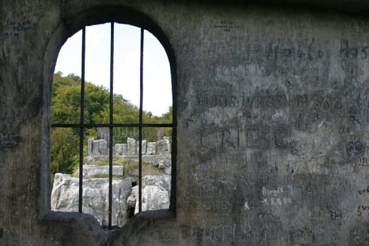 View from the viewing platform with the chapel on the highest rock of the Externsteine
