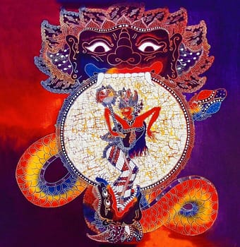 Hand-painted batik work from Indonesia,it depicts the god Shiva in battle with the dragon.