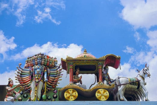 Hindu deities on a temple roof in Singapore.