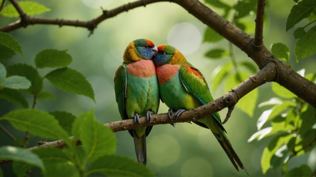 Two parrots are sitting on a branch, one of which is eating