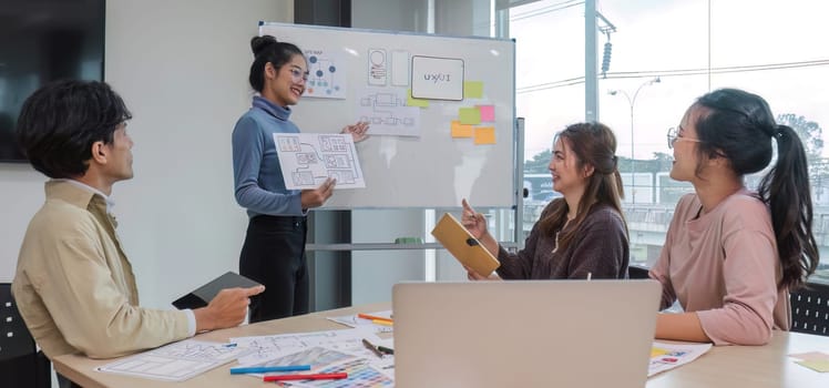 Asian office team brainstorming, plan for solution idea, Group of asian creative teamwork and woman leader at business meeting for developing mobile phone app, ux, ui start up, small business.