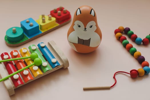 Bright musical instruments for children, colorful xylophone. Eco-friendly colored wooden educational toys. Montessori.