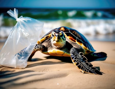 Turtle with plastic trash. Natural environmental disaster. AI illustration