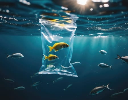 Illustration of a fish in a polluted ocean. AI image.