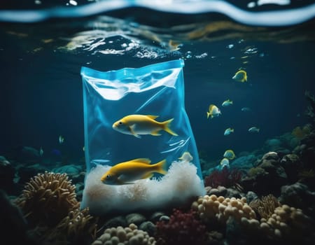 Illustration of a fish in a polluted ocean. AI image.