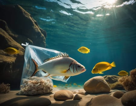 Illustration of a fish in a polluted ocean. AI image.
