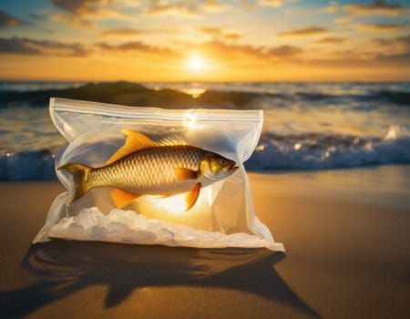 Illustration of a fish in a polluted ocean. AI image.