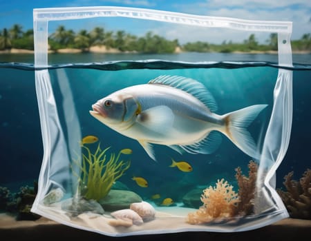 Illustration of a fish in a polluted ocean. AI image.