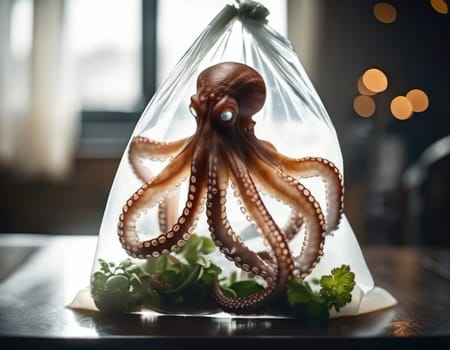 Octopus in a plastic bag. Natural environmental disaster. AI illustration