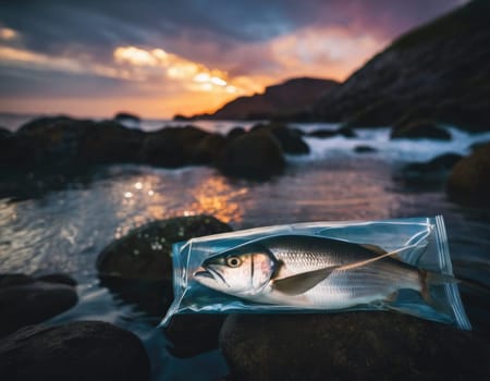 Illustration of a fish in a polluted ocean. AI image.