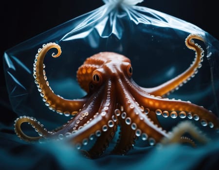 Octopus in a plastic bag. Natural environmental disaster. AI illustration