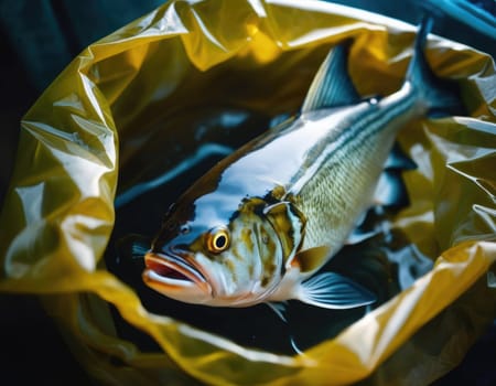 Illustration of a fish in a polluted ocean. AI image.
