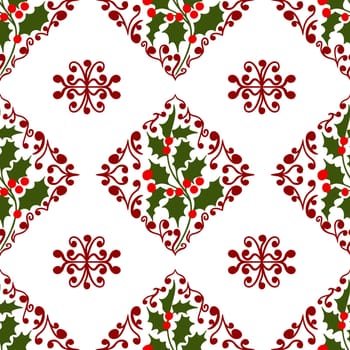 Hand drawn seamless pattern with Christmas winter elements in red green pink, traditional retro vintage holly holiday plant design on white background. Bright colorful print for celebration decoration wrapping paper, merry christmas art, squares