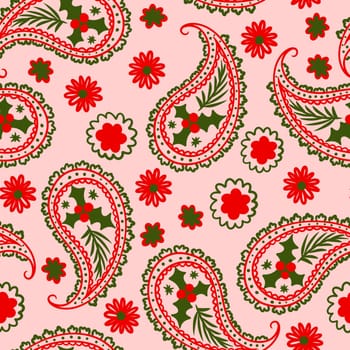 Hand drawn seamless pattern with Christmas winter elements in red green pink, Indian paisley traditional retro vintage holly holiday plant design. Bright colorful print for celebration decoration wrapping paper, merry christmas art