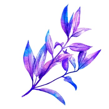 Hand drawn watercolor illustration of branch with purple blue turquoise leaves on white background. Lilac leaf plant colorful bright saturated print. Nature mystic elegant magic wood plant, botanical botany surrealistic twig