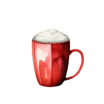 Watercolor Christmas illustration with red cup and winter hot drinks. AI