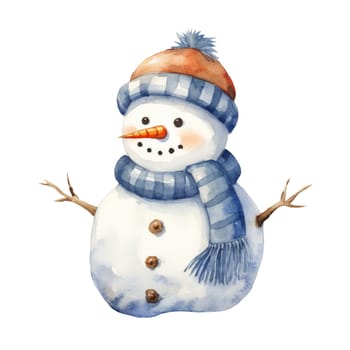 Cute cheerful bright snowman isolated on white background. Watercolor illustration. AI