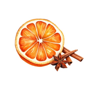 Watercolor dry orange and cinnamon on white background. Healthy organic ingredients. AI