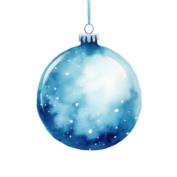 Watercolor Christmas blue ball decoration hand painted illustration isolated on white background. AI