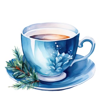 Watercolor Christmas illustration with blue cup and winter hot drinks. AI