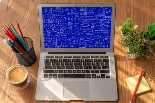 Mathematic equations and modish formula on computer screen showing concept of science and education