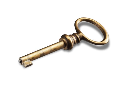An old gold key on white background with shadow