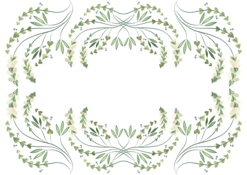 Rectangular frame of wild herbs, flowers and leaves. Decor for graphic design, printing and packaging. Isolated hand-drawn watercolor illustration