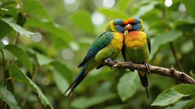 Two parrots are sitting on a branch, one of which is eating. The scene is peaceful and serene, with the birds enjoying each other's company