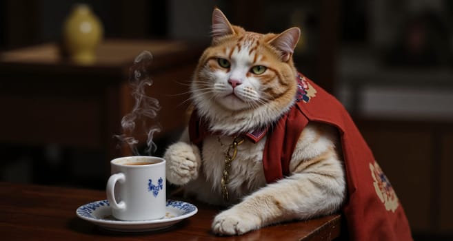 A cat wearing a red and blue costume sits on a table with a cup of coffee. The cat appears to be enjoying the coffee, and the scene has a playful and lighthearted mood