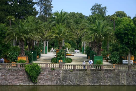 View of the Bad Pyrmont spa gardens with the Plamengarten photographed from the castle.