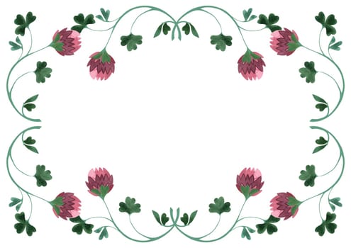 Rectangular frame of wild clover and shamrocks. Decor for graphic design, printing and packaging. Isolated hand-drawn watercolor illustration
