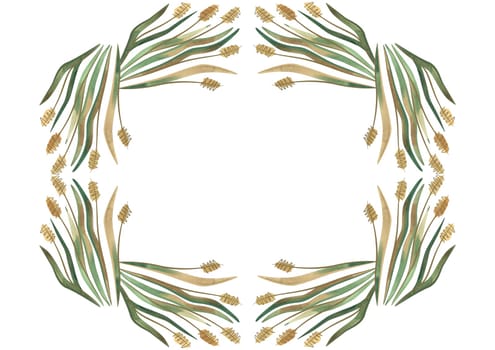 Rectangular frame of field grasses, cereals, ears and leaves. Decor for graphic design, printing and packaging. Isolated hand-drawn watercolor illustration