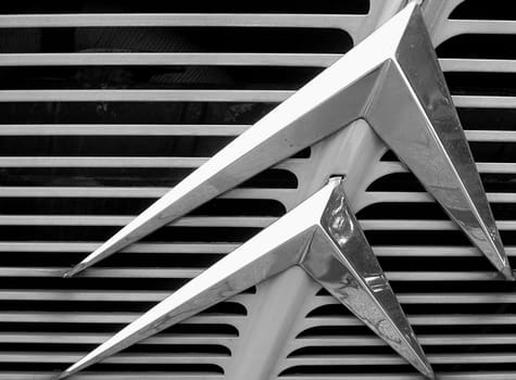 Grille of an old van. Distorted and in B/W
