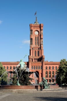 Red Town Hall with Fountain