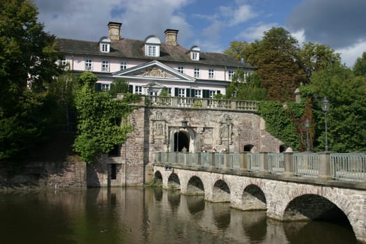 Castle and fortress Bad Pyrmont,general view with bridge