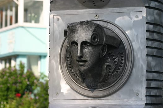 Detail of a stele on the watercourse on the Untere Hauptallee in Bad Pyrmont. This watercourse was an Expo 2000 project