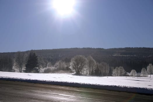 Snow-covered landscape near Kornbach