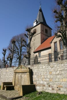 Protestant church in the town of Barntrup (Lipperland) with war memorial