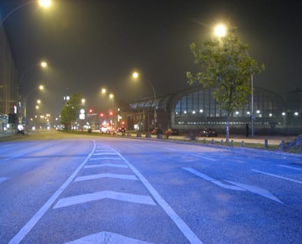 The blue light comes from the Saturn parking garage. View towards the main train station.