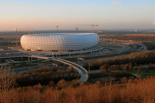 Allianz Arena,Munich,seen from the garbage mountain,in the final phase of construction