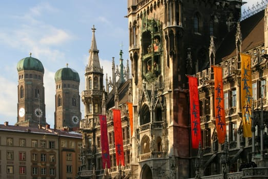 City Hall and Frauenkirche in Munich,on Marienplatz