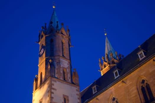 the St. Gallus Church in Ladenburg,an old Roman town,at the blue hour. Thanks to Ueli for the suggestion to change the white balance a bit more,so that the sandstone colors come into their own,but the sky is now so w