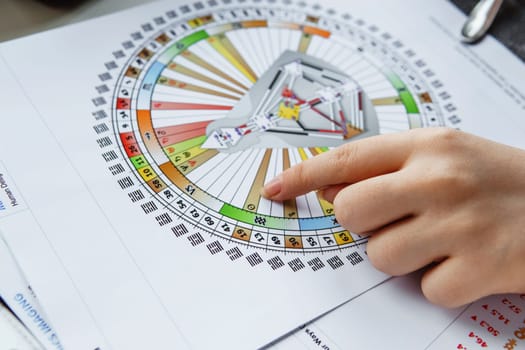 TVER, RUSSIA - FEBRUARY 12, 2023: A woman at the table is studying a rave mandala by human design. Rave mandala on the table close-up. The concept of esoteric teachings