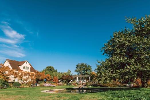 House with nice garden in fall. Flowers in the Park. Bietigheim-Bissingen. Germany, Europe. Autumn Park and house, nobody, bush and grenery